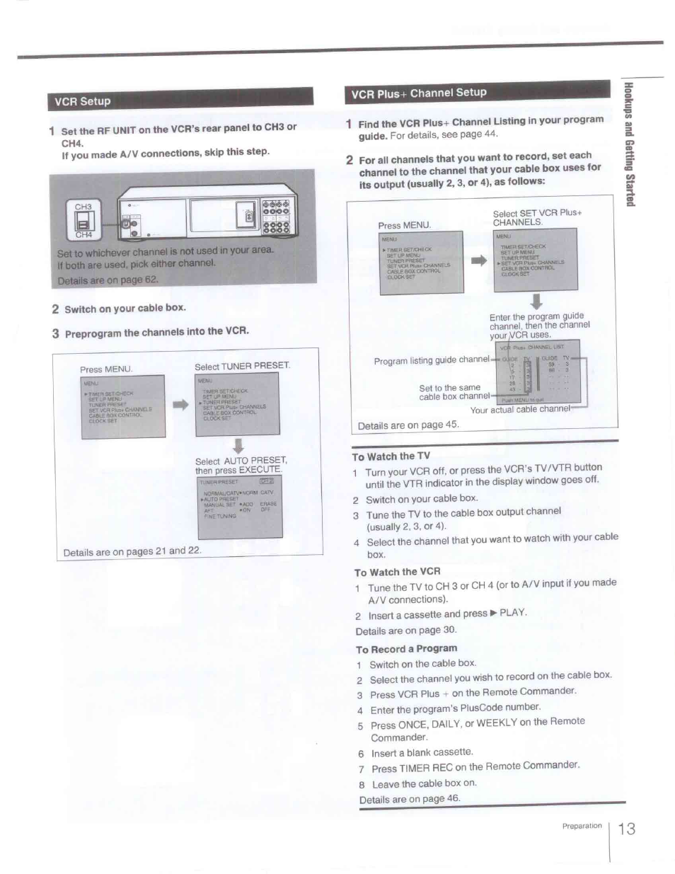 Vcr plus+ channel setup, 2 switch on your cable box, 3 preprogram the channels into the vcr | To watch the tv, To watch the vcr, To record a program, Vcr setup vcr plus+ channel setup | Sony SLV-R1000 User Manual | Page 13 / 76