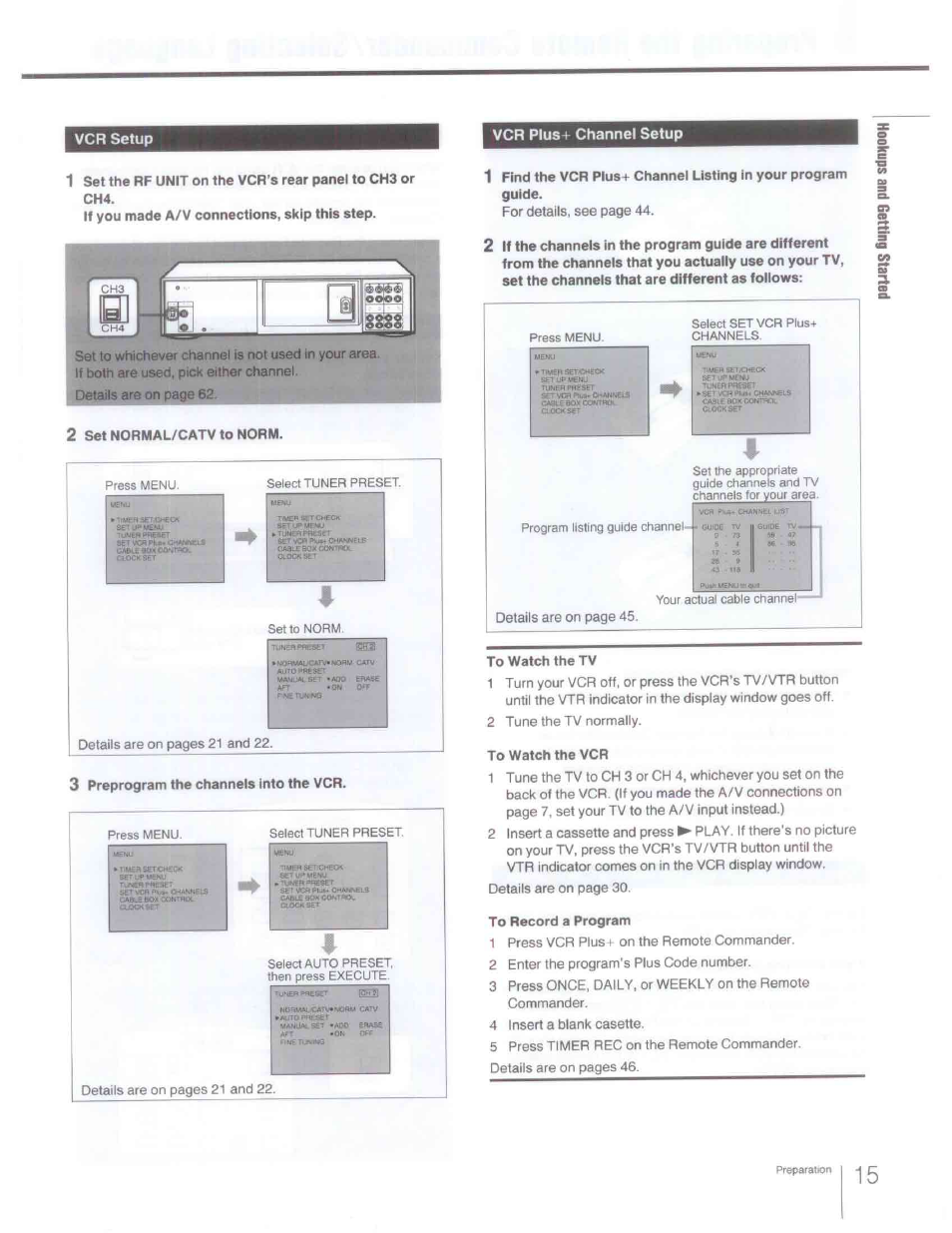 2 set normal/catv to norm, 3 preprogram the channels into the vcr, To watch the vcr | To watch the tv, To record a program, Vcr setup vcr plus+ channel setup | Sony SLV-R1000 User Manual | Page 15 / 76