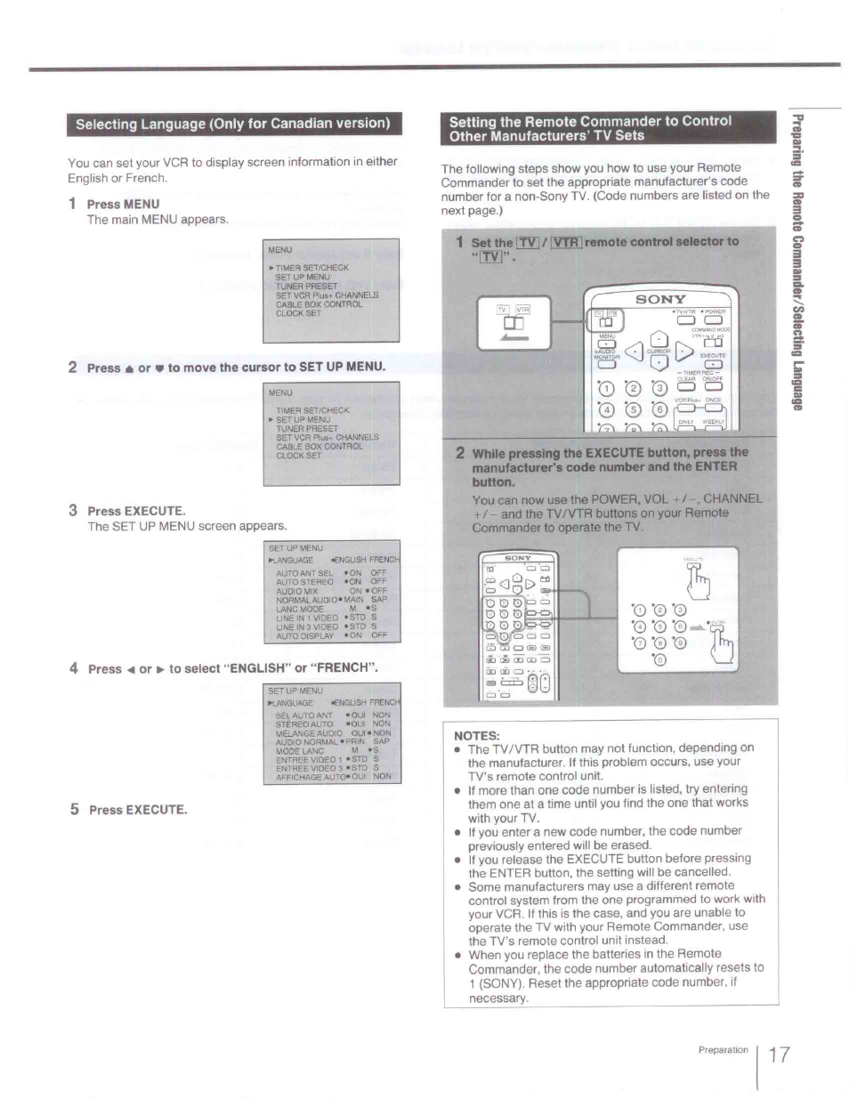 Selecting language (only for canadian version), 1 press menu, 2 press a or v to move the cursor to set up menu | Press execute, 4 press -4 or ► to select “english” or “french, 5 press execute, 1 set the itvi / lytrl remote control selector to, Notes | Sony SLV-R1000 User Manual | Page 17 / 76