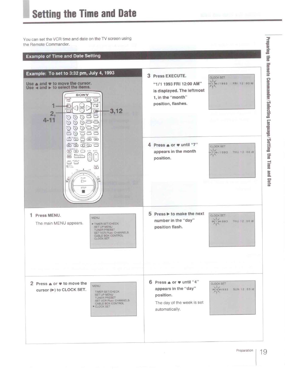 Example of time and date setting, Example: to set to 3:32 pm, july 4,1993, Setting the time and date | Sony SLV-R1000 User Manual | Page 19 / 76