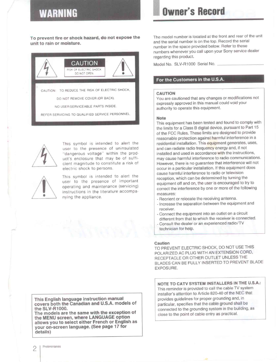 Warning, Owner’s record, Caution | Note to catv system installers in the u.s.a | Sony SLV-R1000 User Manual | Page 2 / 76