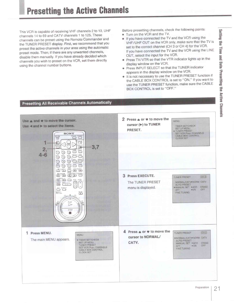 Presetting all receivable channels automatically, 3 press execute, 1 press menu | Presetting the active channels | Sony SLV-R1000 User Manual | Page 21 / 76