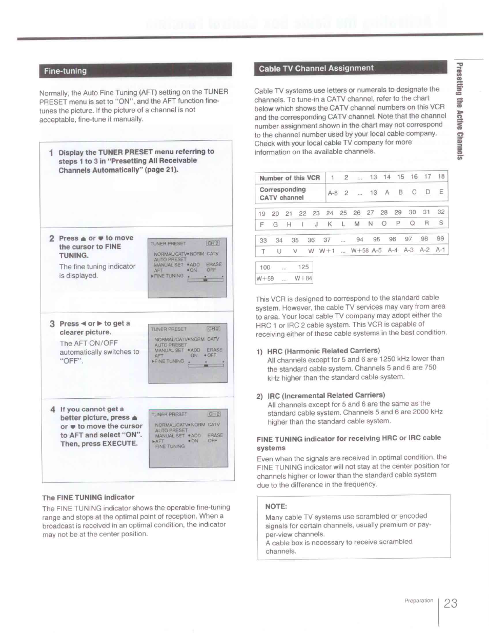 Fine-tuning, Cable tv channel assignment, The fine tuning indicator | 1) hrc (harmonic related carriers), 2) irc (incremental related carriers), Note | Sony SLV-R1000 User Manual | Page 23 / 76