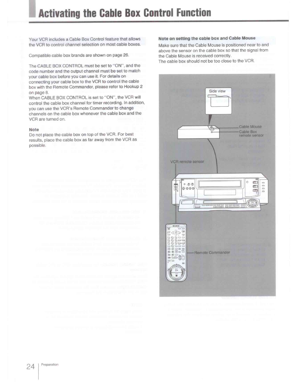Note, Note on setting the cable box and cable mouse, Activating the cabie box controi function | Sony SLV-R1000 User Manual | Page 24 / 76