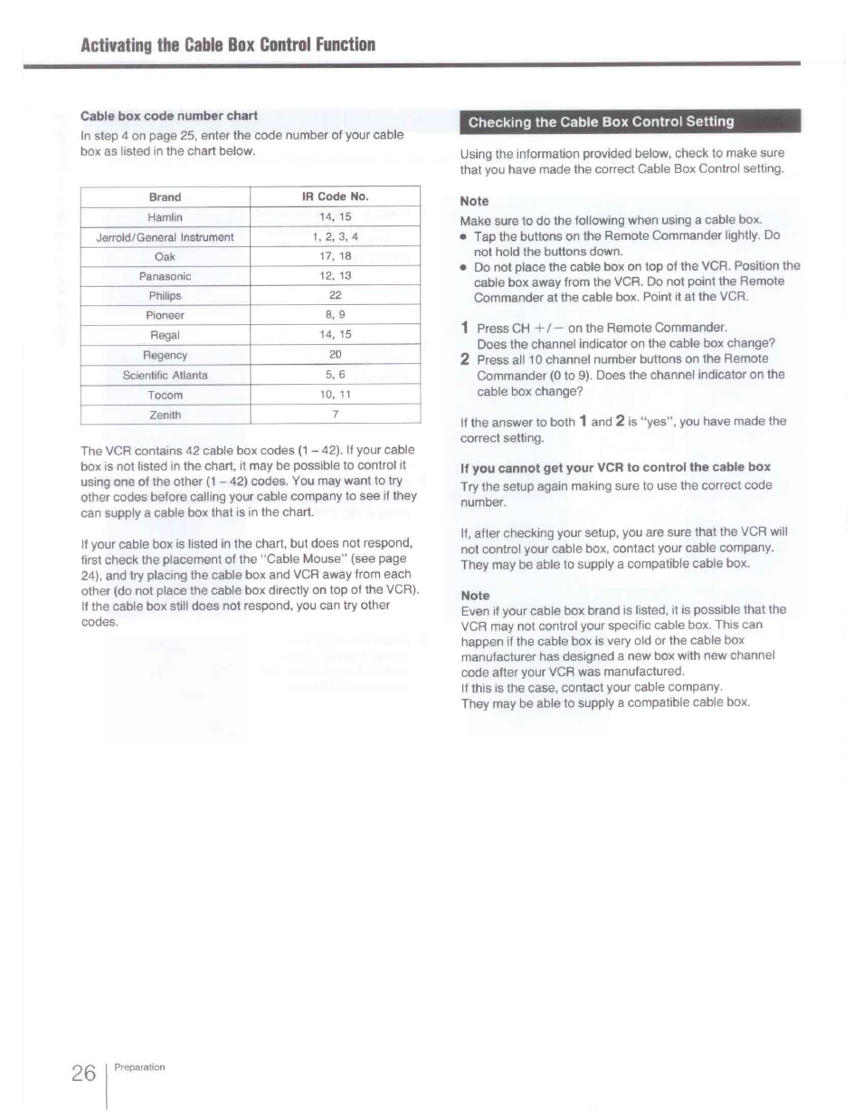 Cable box code number chart, Checking the cable box control setting, Note | Activating the cable box control function | Sony SLV-R1000 User Manual | Page 26 / 76