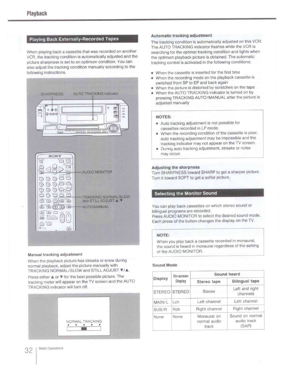 Playing back externally-recorded tapes, Manual tracking adjustment, Automatic tracking adjustment | Adjusting the sharpness, Selecting the monitor sound, Playback | Sony SLV-R1000 User Manual | Page 32 / 76