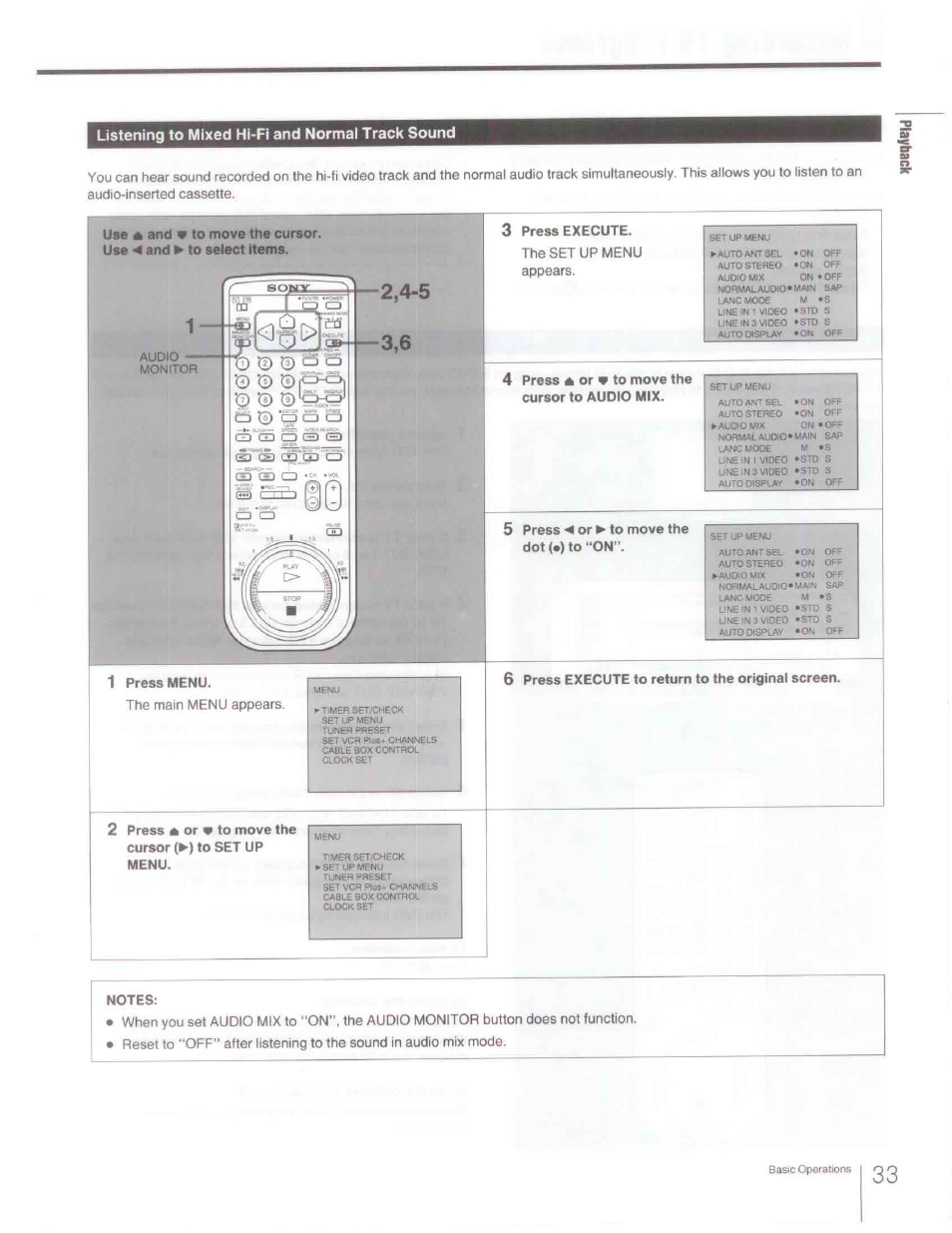 Listening to mixed hi-fi and normal track sound, 3 press execute, 1 press menu | 6 press execute to return to the original screen, Notes | Sony SLV-R1000 User Manual | Page 33 / 76