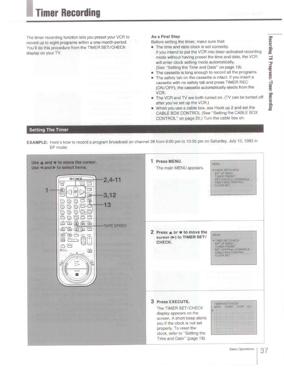 As a first step, Setting the timer, 1 press menu | Press execute, Timer recording | Sony SLV-R1000 User Manual | Page 37 / 76