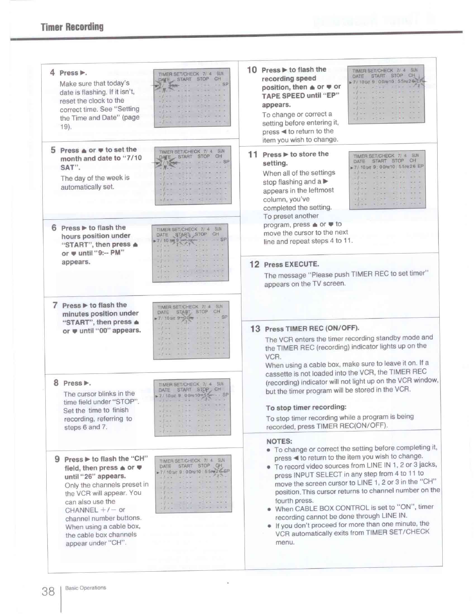 4 press, 8 press, 11 press >■ to store the setting | 12 press execute, 13 press timer rec (on/off), To stop timer recording, Notes, Timer recording | Sony SLV-R1000 User Manual | Page 38 / 76