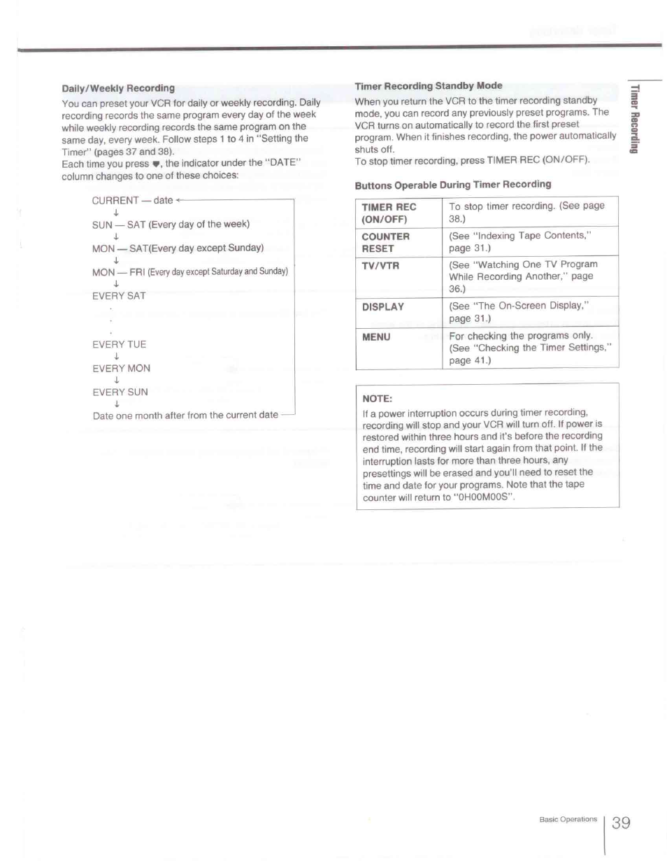 Dally/weekly recording, Timer recording standby mode | Sony SLV-R1000 User Manual | Page 39 / 76