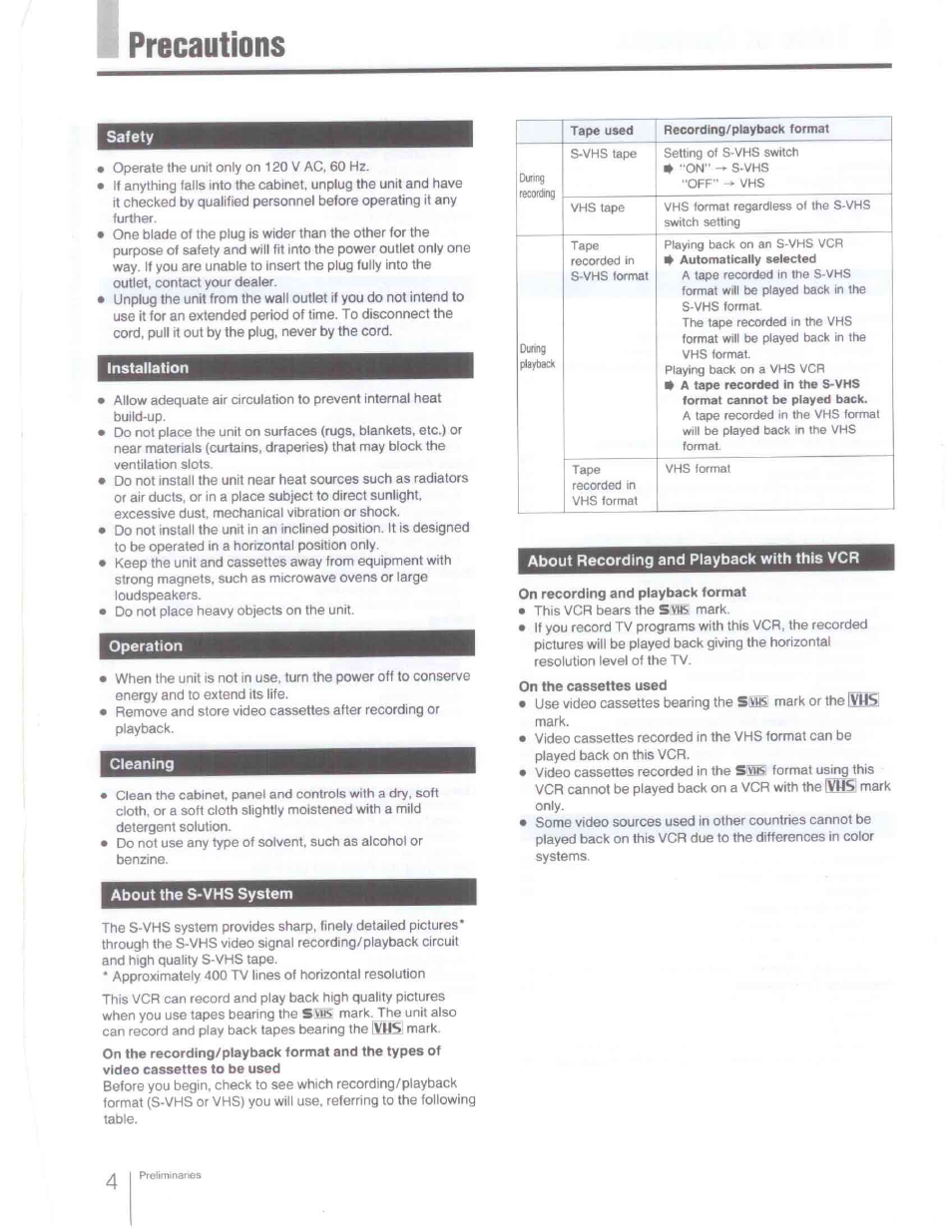 Safety, Installation, Operation | Cleaning, About recording and playback with this vcr, About the s-vhs system, Precautions | Sony SLV-R1000 User Manual | Page 4 / 76