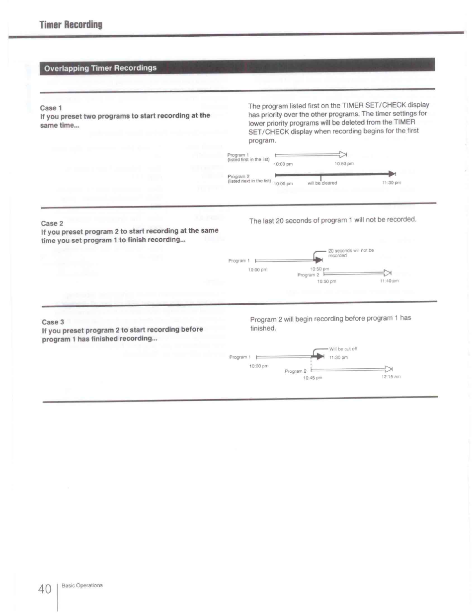 Case 1, Case 2, Case 3 | Timer recording, Overlapping timer recordings | Sony SLV-R1000 User Manual | Page 40 / 76