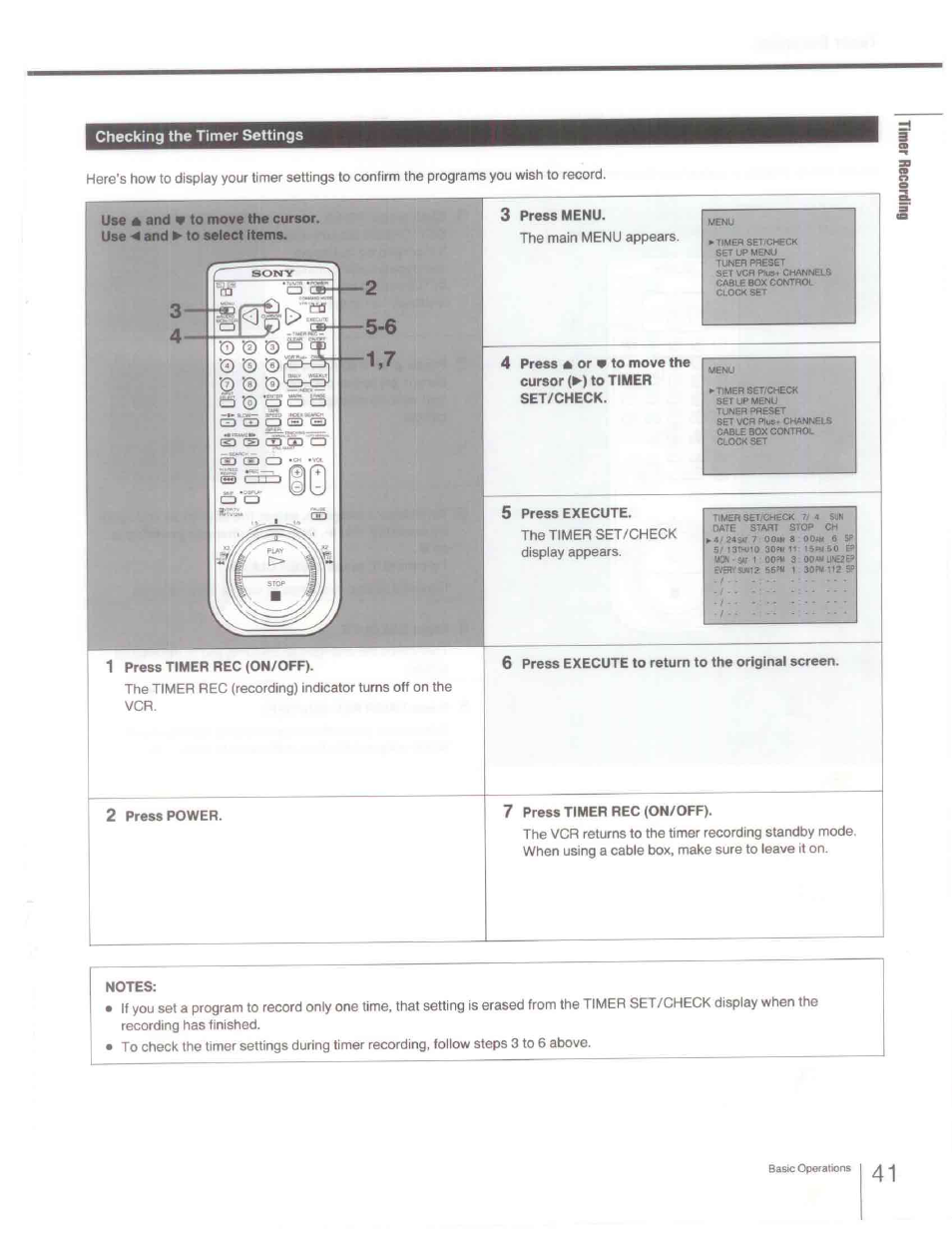 3 press menu, 5 press execute, 1 press timer rec (on/off) | 6 press execute to return to the original screen, 2 press power, 7 press timer rec (on/off), Notes, Checking the timer settings | Sony SLV-R1000 User Manual | Page 41 / 76