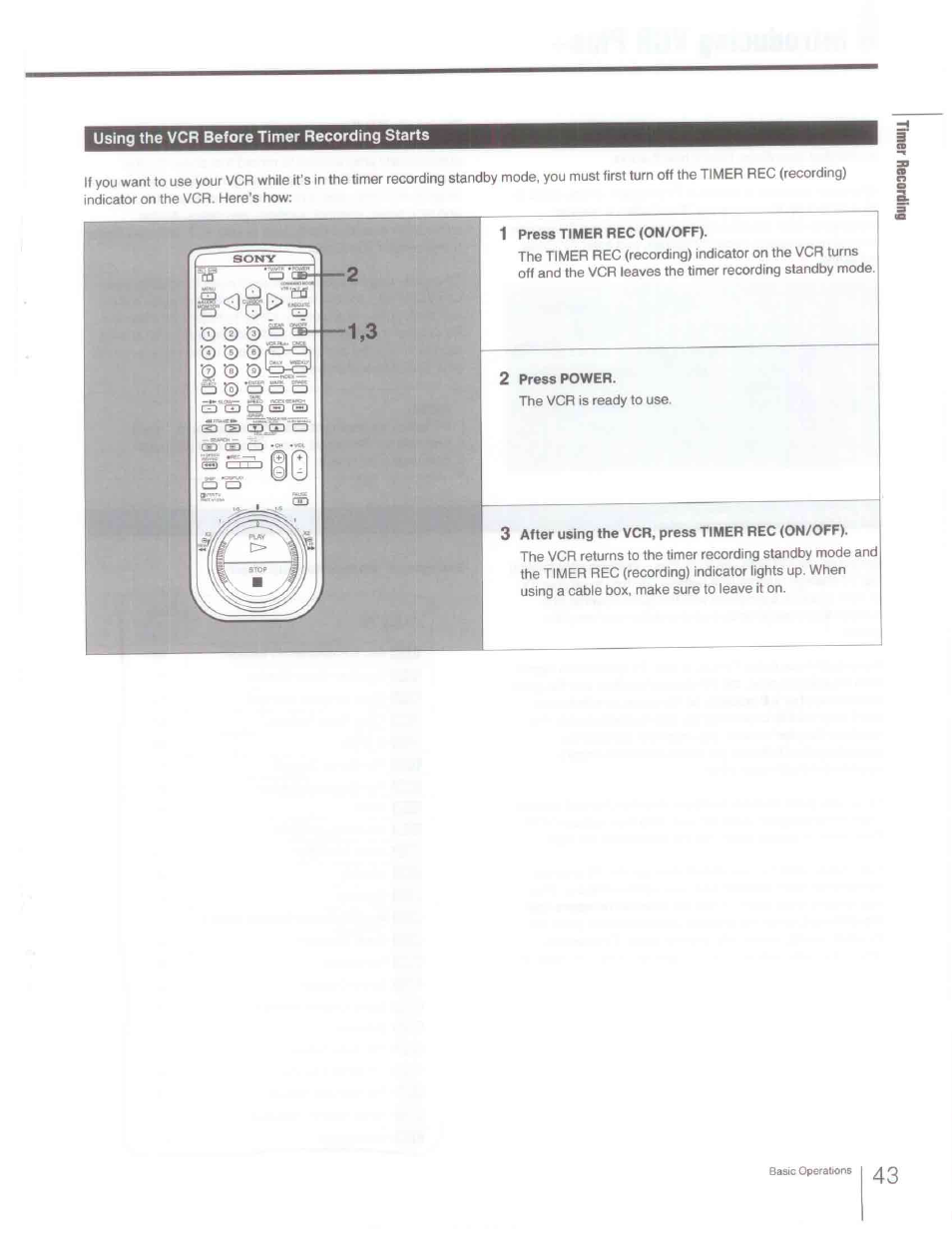 1 press timer rec (on/off), 2 press power, 3 after using the vcr, press timer rec (on/off) | Sony SLV-R1000 User Manual | Page 43 / 76