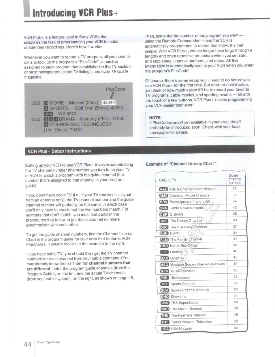 Note, Vcr plus-i- setup instructions, Example of “channel line-up chart | Vcr plus+ setup instructions, Introducing vcr plus | Sony SLV-R1000 User Manual | Page 44 / 76