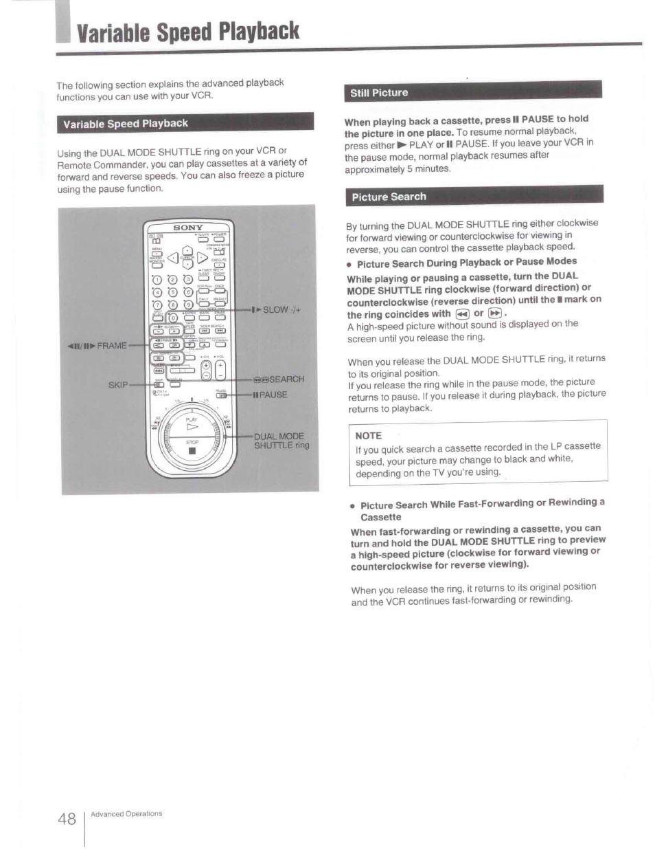 Variable speed playback, Picture search | Sony SLV-R1000 User Manual | Page 48 / 76