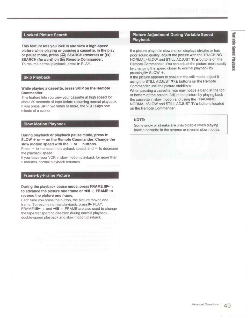 Skip playback, Picture adjustment during variable speed playback, Slow motion playback | Frame-by-frame picture, Skip playback slow motion playback | Sony SLV-R1000 User Manual | Page 49 / 76