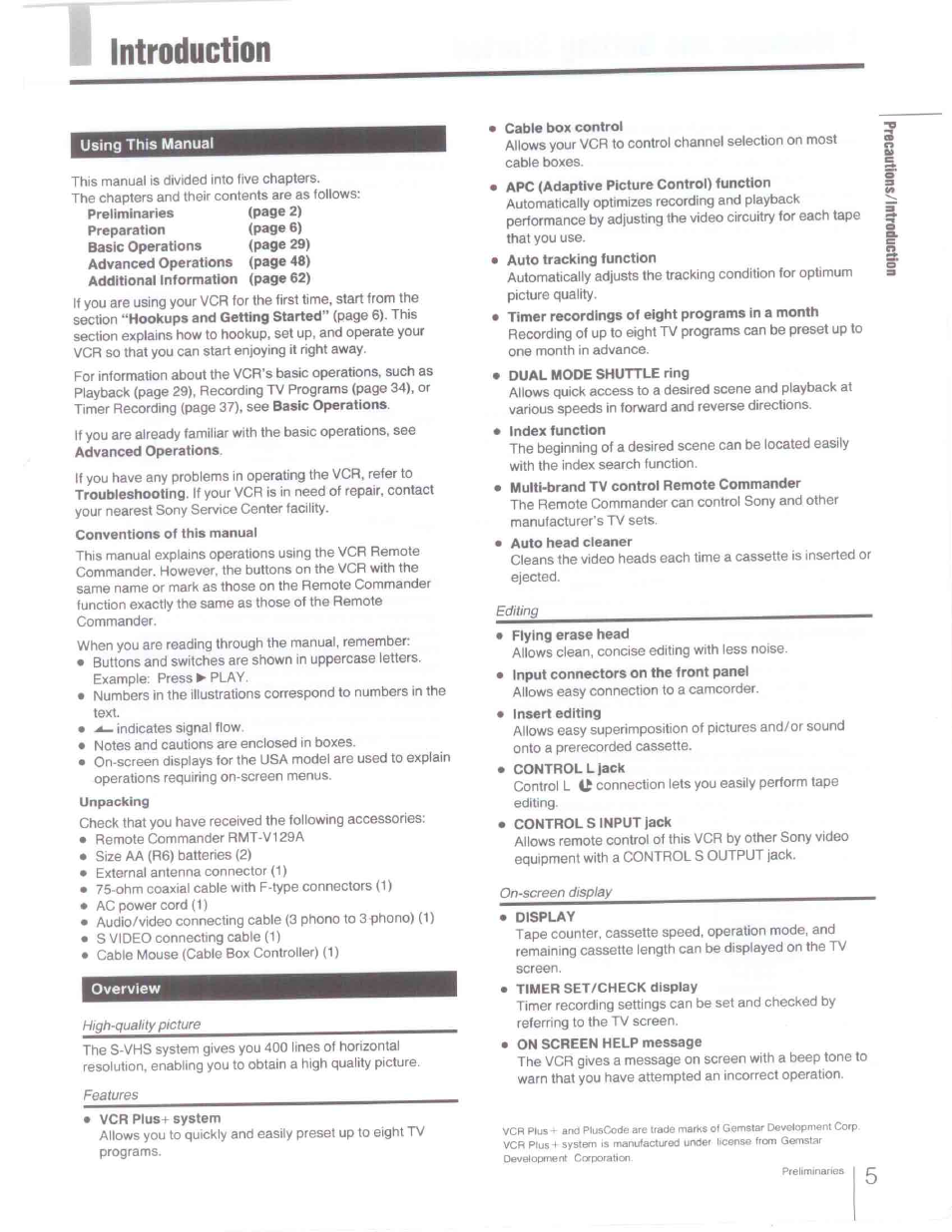 Introduction, Using this manual, Overview | Cable box control, Auto head cleaner | Sony SLV-R1000 User Manual | Page 5 / 76
