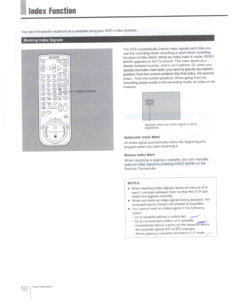 Automatic index mark, Manual index mark, Notes | Index function | Sony SLV-R1000 User Manual | Page 50 / 76