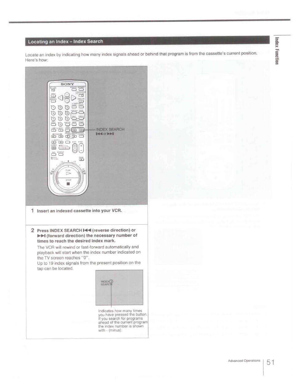 1 insert an indexed cassette into your vcr, Locating an index - index search | Sony SLV-R1000 User Manual | Page 51 / 76