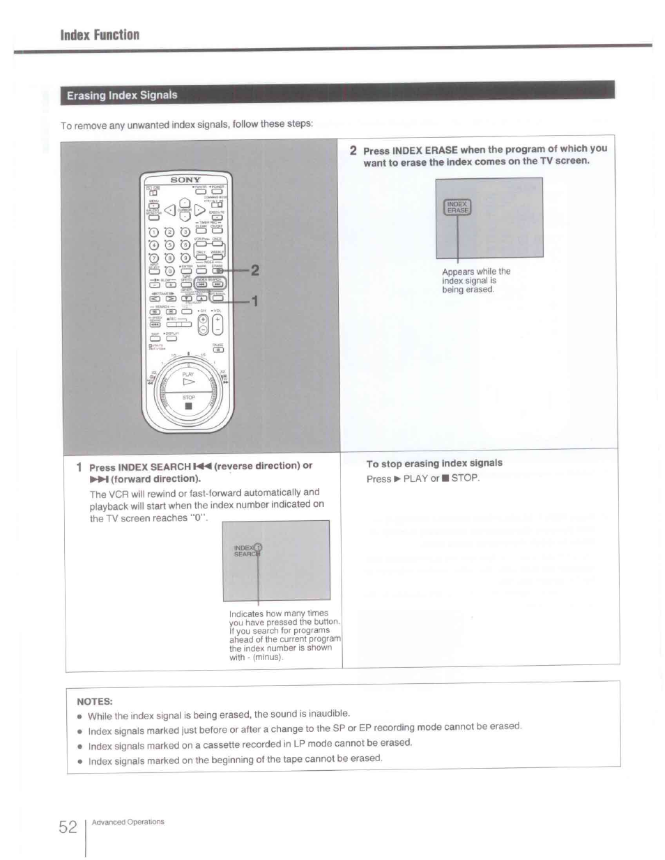Erasing index signals, To stop erasing index signals, Notes | Marking index signals, Index function | Sony SLV-R1000 User Manual | Page 52 / 76