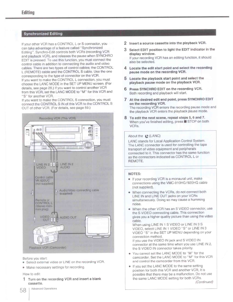 Synchronized editing | Sony SLV-R1000 User Manual | Page 58 / 76