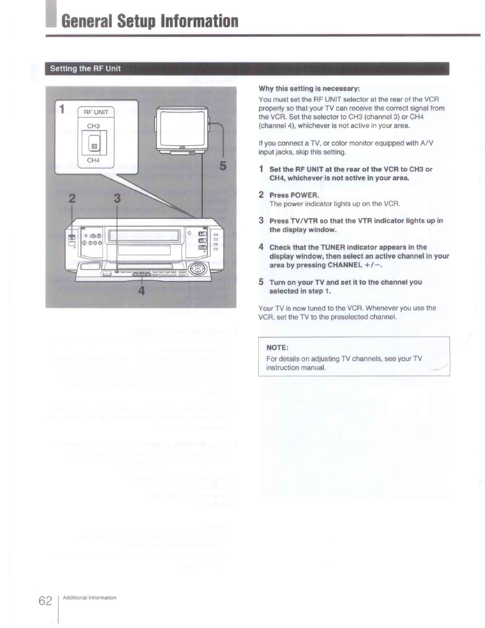 General setup information, Setting the rf unit, Why this setting is necessary | 2 press power, Note | Sony SLV-R1000 User Manual | Page 62 / 76