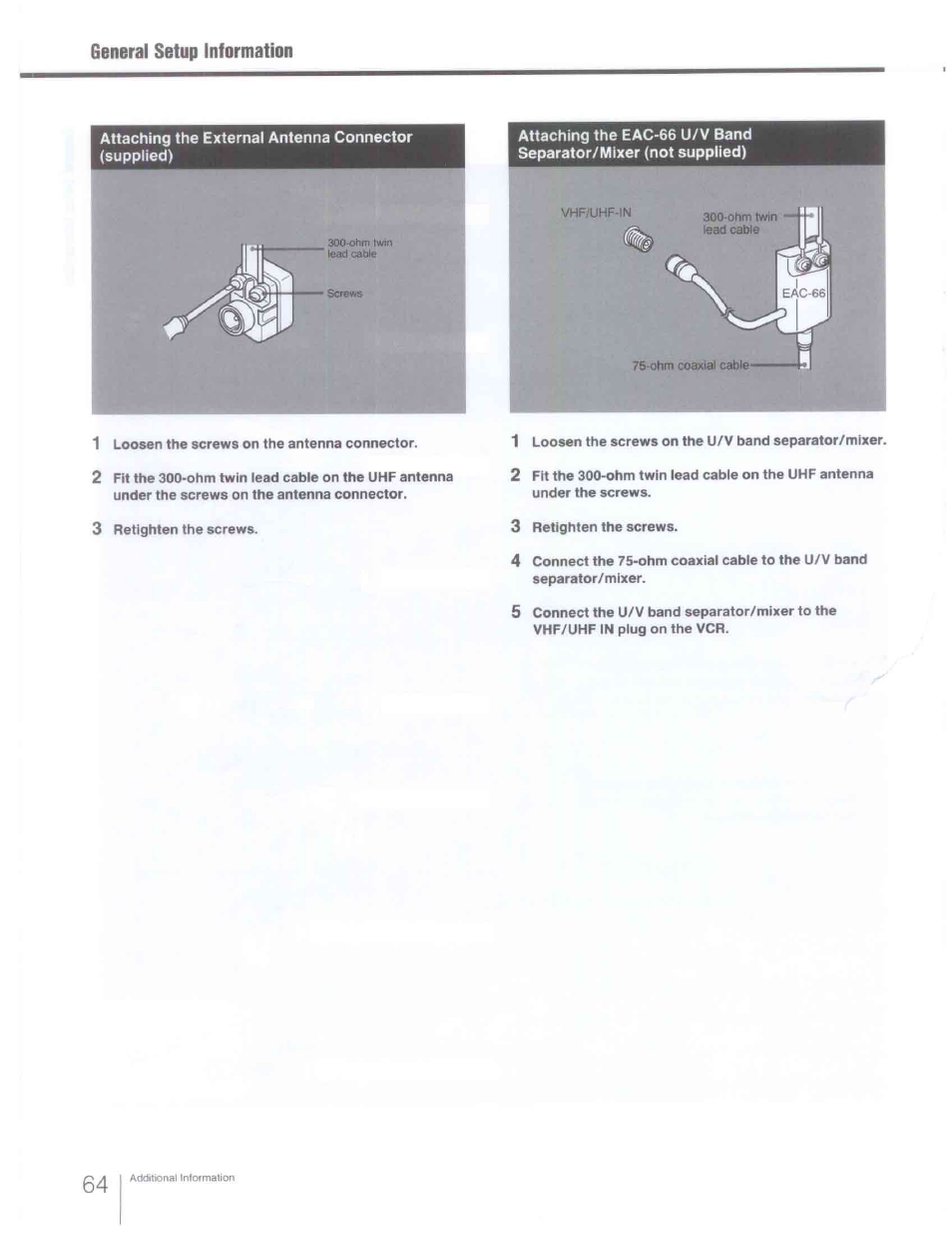 Attaching the eac-66 u/v band separator/mixer | Sony SLV-R1000 User Manual | Page 64 / 76