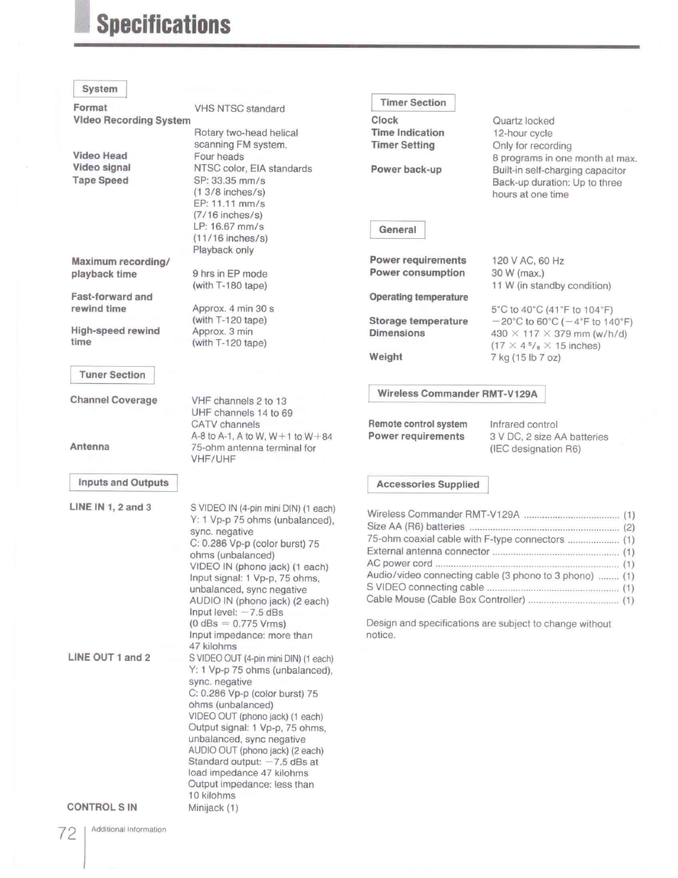 I specifications, Specifications | Sony SLV-R1000 User Manual | Page 72 / 76