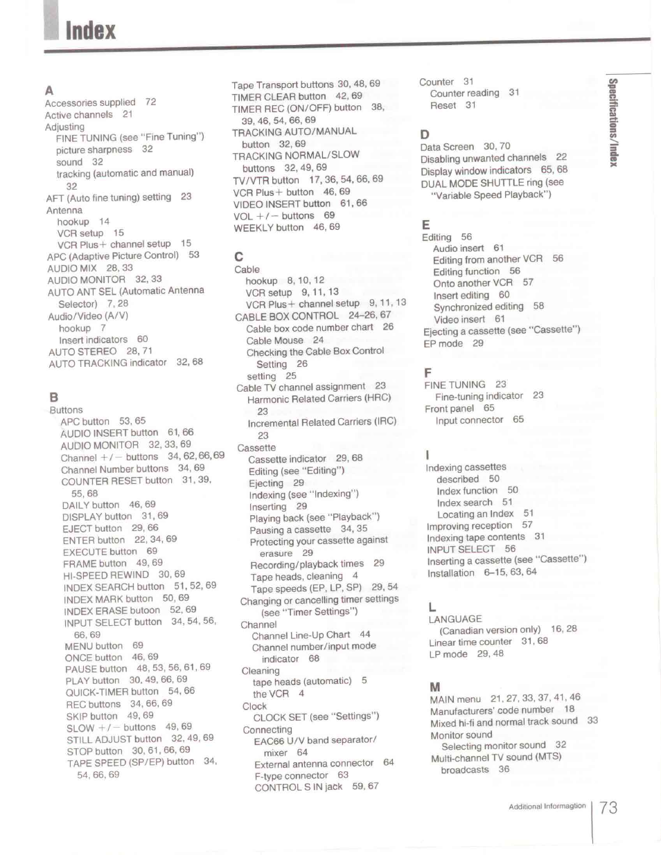 Index | Sony SLV-R1000 User Manual | Page 73 / 76