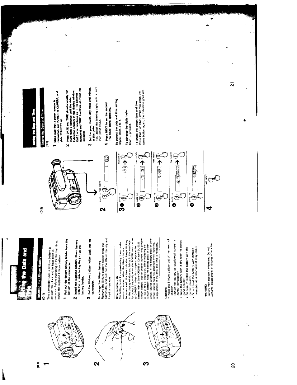 To chartge the lithium battery, Cautions, 4 press ne)(t to set the second | To correct the date and time setting, To advance the digits faster, To check the preset date and time, Г г »it | Sony CCD-TR7 User Manual | Page 10 / 35