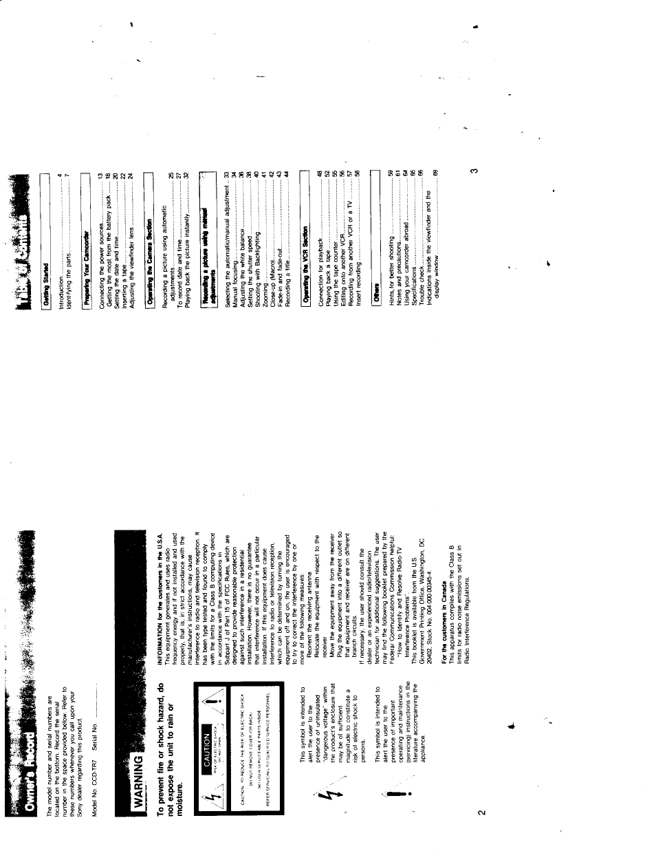 P-.‘r, I qawng storied, Preparing your camcorder | Opeffbng ihe cwwra 8>cmon, I opw««ng (hs vcb sectton, I otmi | Sony CCD-TR7 User Manual | Page 2 / 35