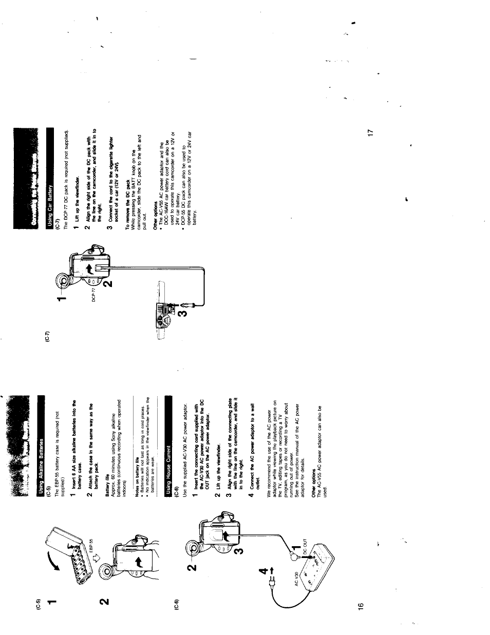 Using alkaline batteries, Battery life, 1 lift up the viewfinder | To remove the dc peck, Other options | Sony CCD-TR7 User Manual | Page 8 / 35