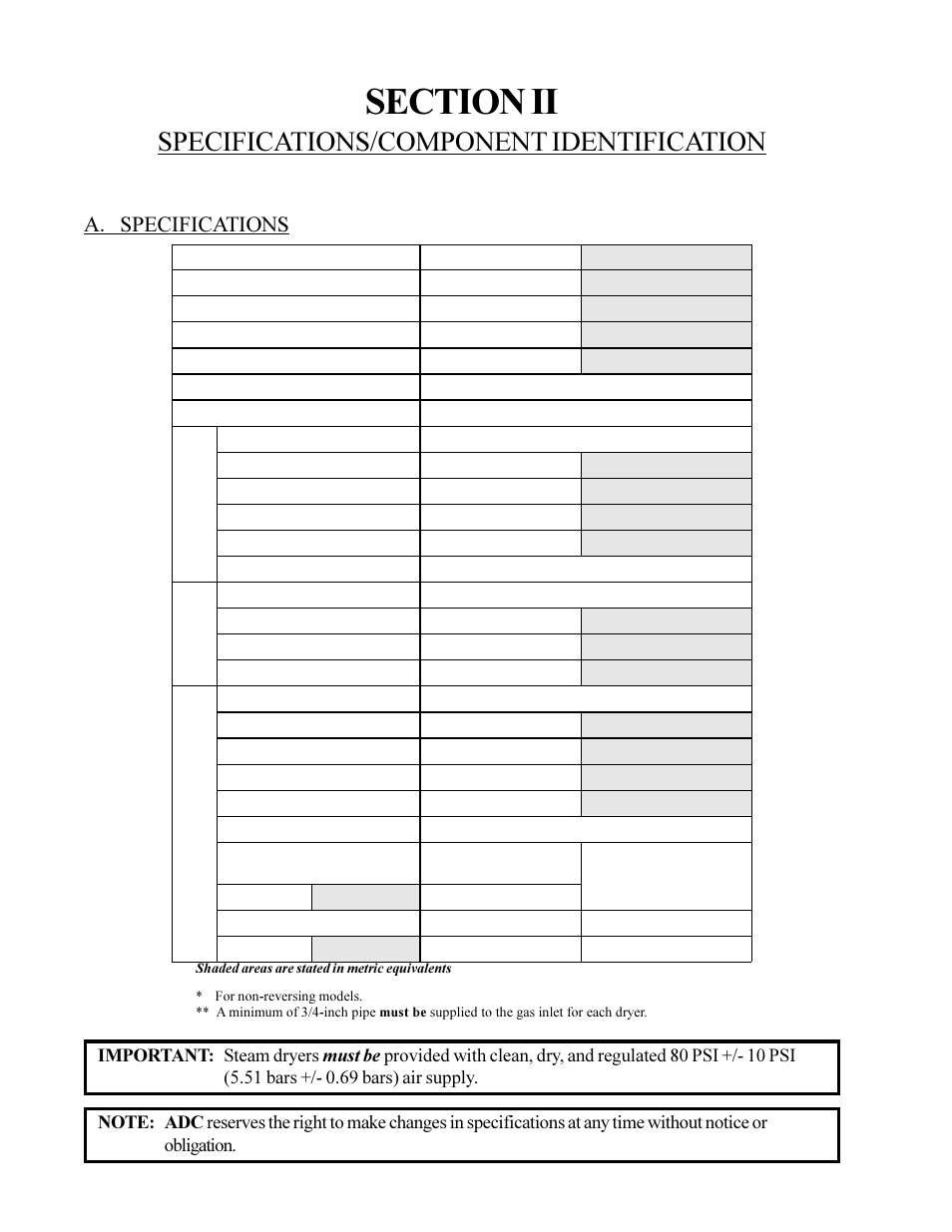 Specifications/component identification, Gas electric steam, A. specifications | American Dryer Corp. ML-75DIII User Manual | Page 10 / 65