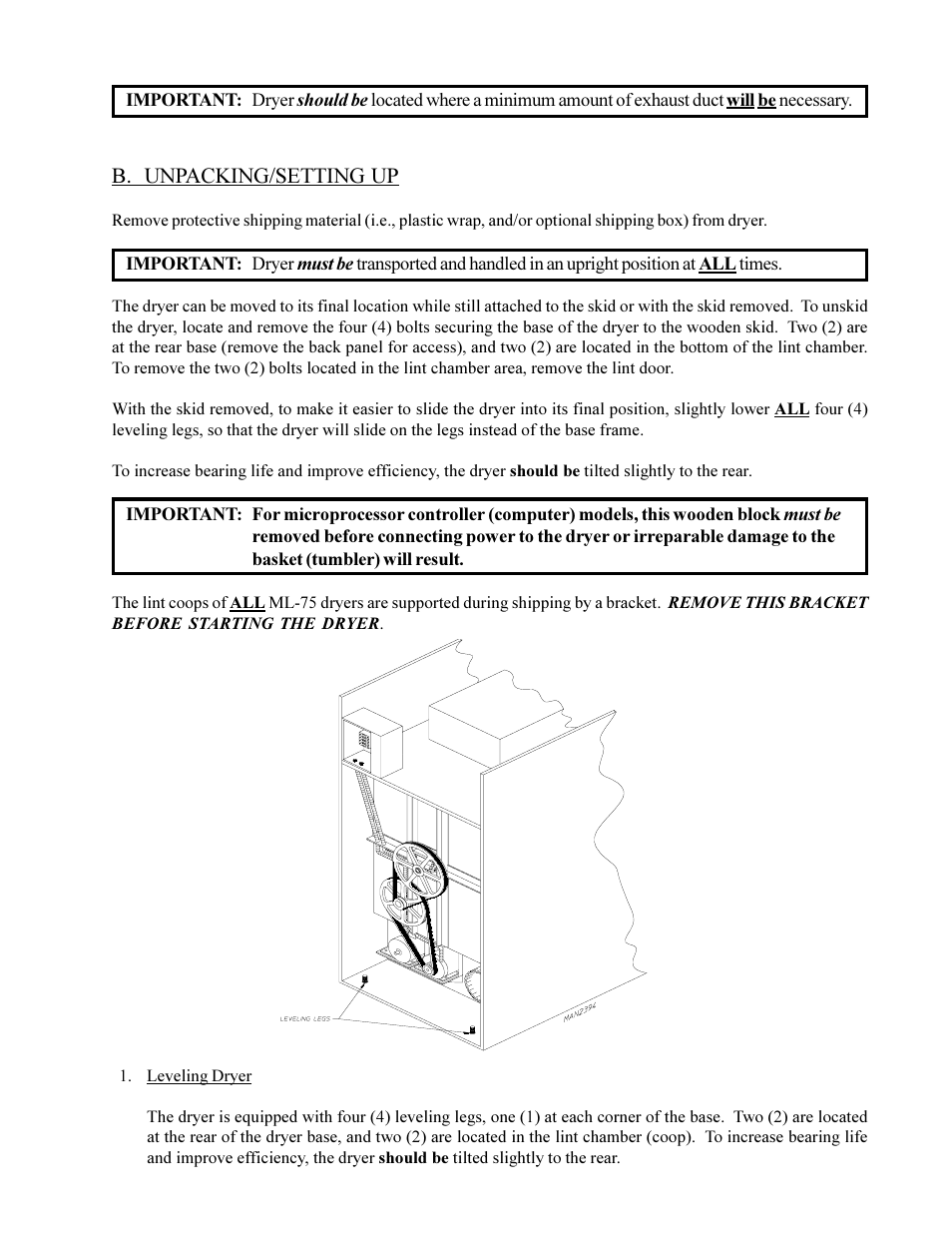 B. unpacking/setting up | American Dryer Corp. ML-75DIII User Manual | Page 15 / 65