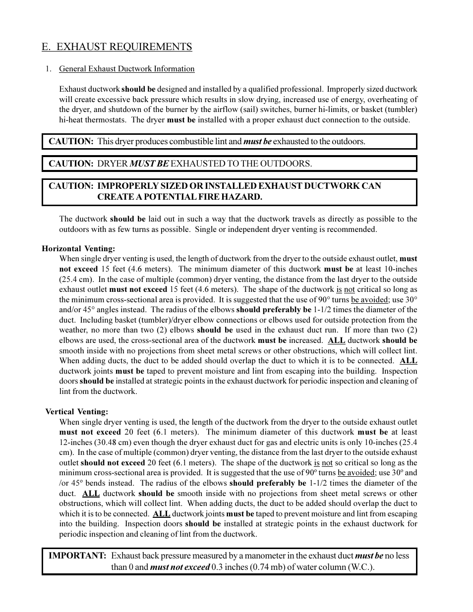 E. exhaust requirements | American Dryer Corp. ML-75DIII User Manual | Page 18 / 65