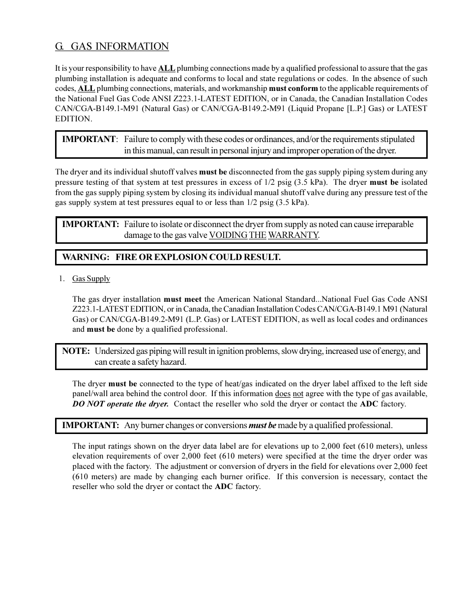 G. gas information | American Dryer Corp. ML-75DIII User Manual | Page 31 / 65