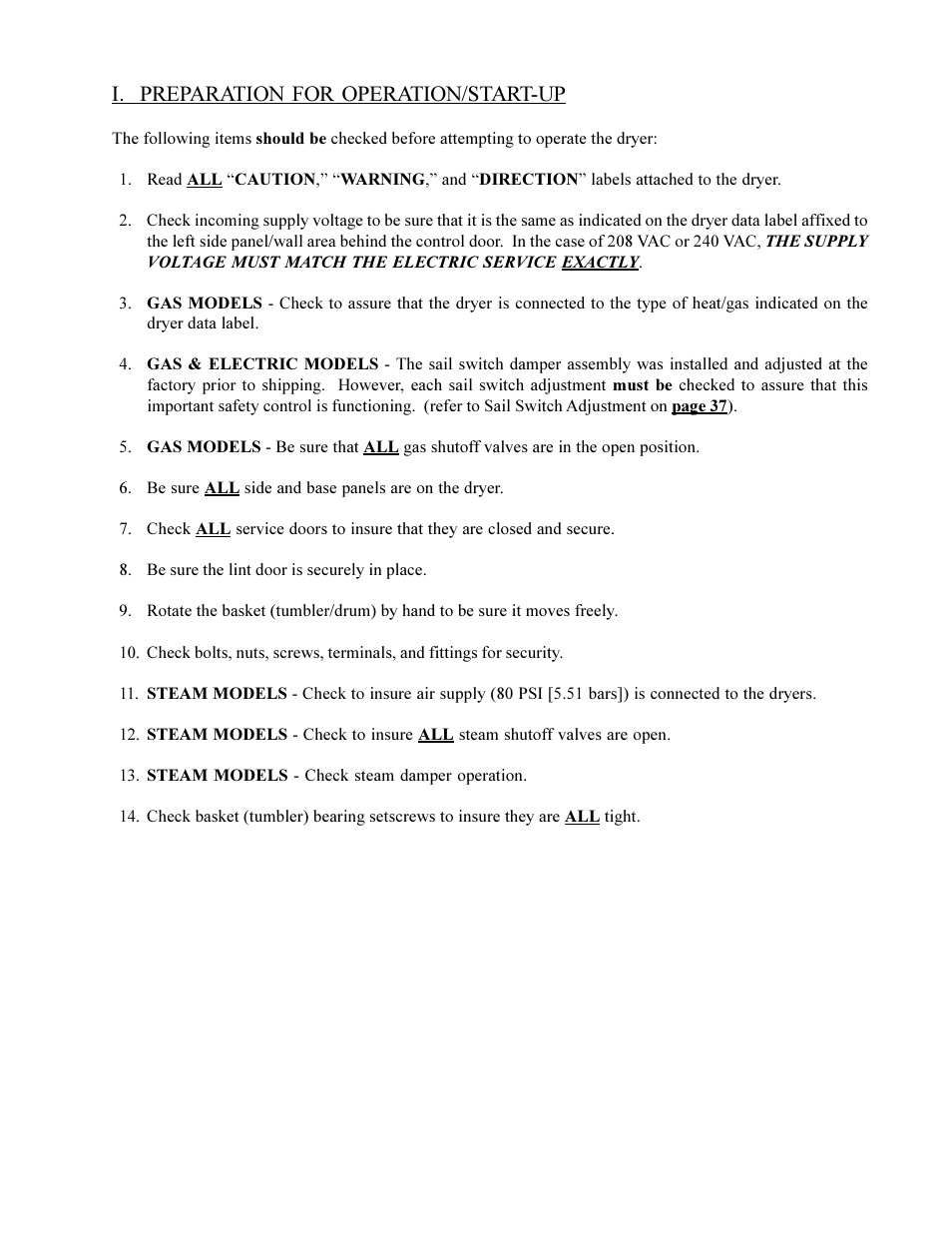 I. preparation for operation/start-up | American Dryer Corp. ML-75DIII User Manual | Page 39 / 65