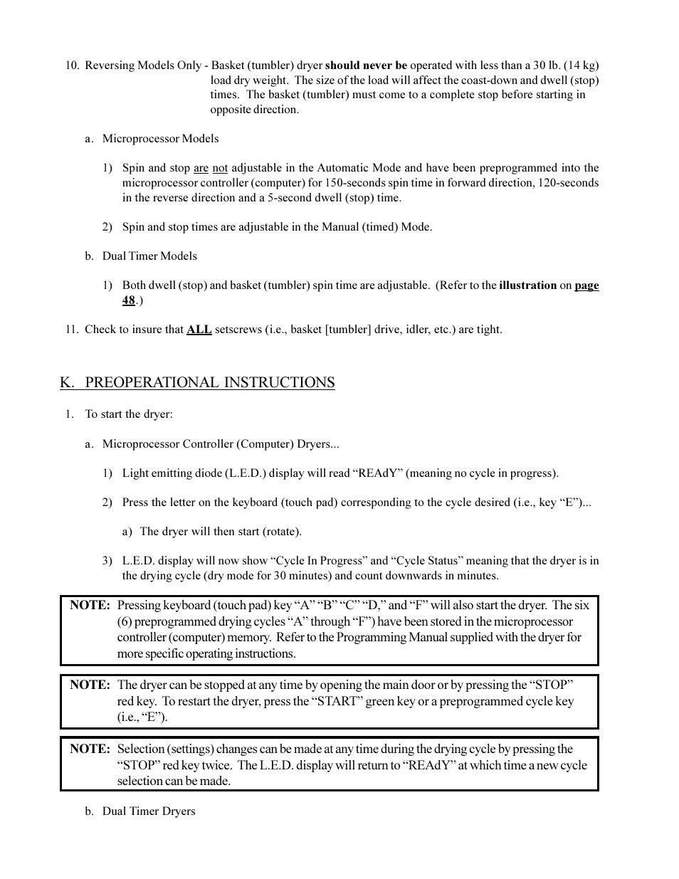K. preoperational instructions | American Dryer Corp. ML-75DIII User Manual | Page 42 / 65