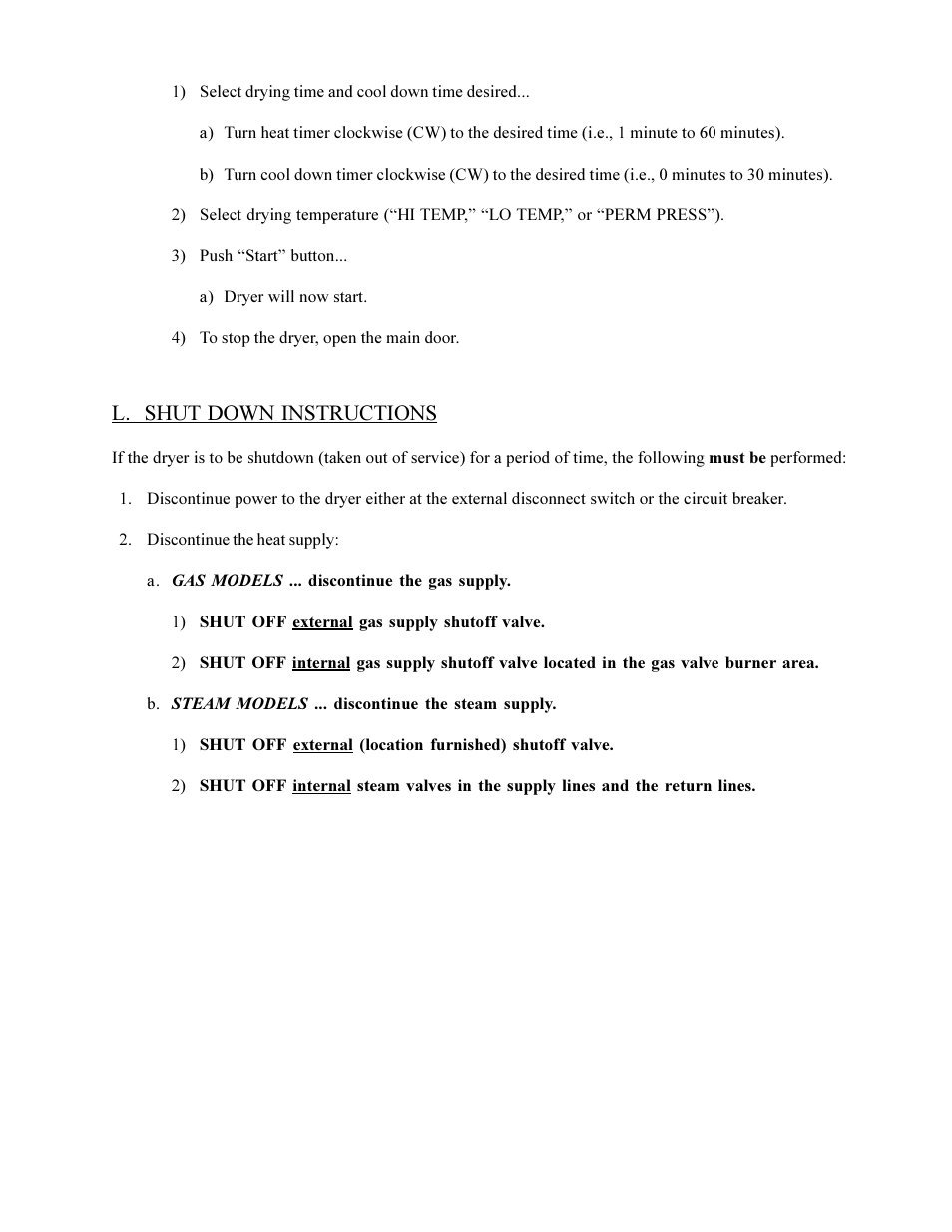 L. shut down instructions | American Dryer Corp. ML-75DIII User Manual | Page 43 / 65