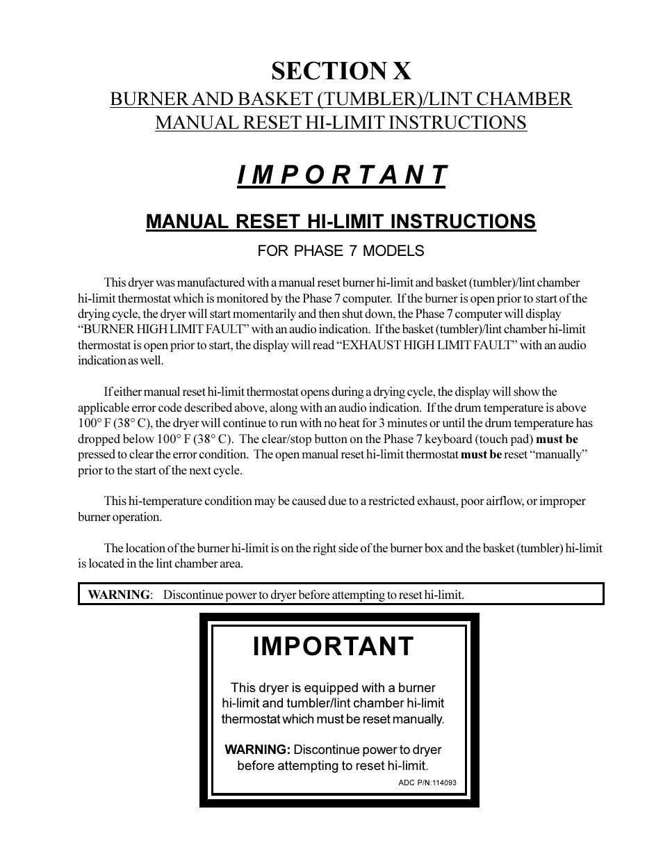 Important, Manual reset hi-limit instructions | American Dryer Corp. ML-75DIII User Manual | Page 55 / 65