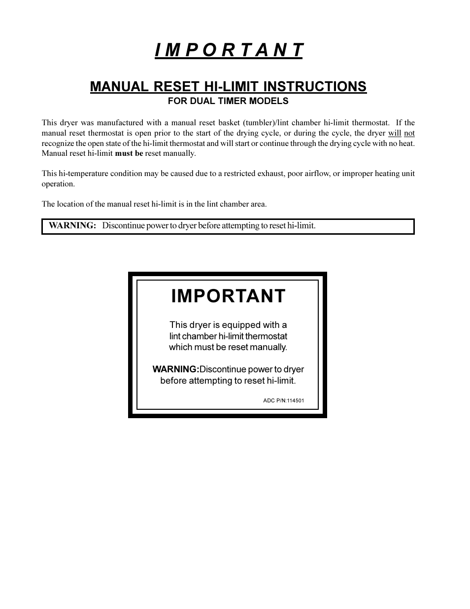 Important, Manual reset hi-limit instructions | American Dryer Corp. ML-75DIII User Manual | Page 56 / 65