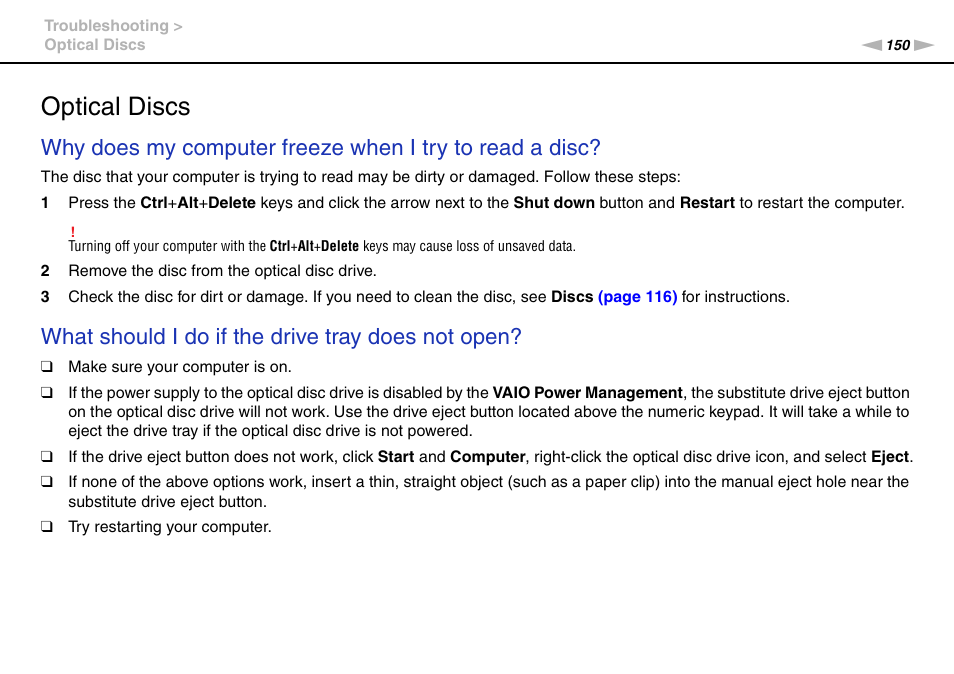 Optical discs, What should i do if the drive tray does not open | Sony VGN-AW450F User Manual | Page 150 / 172