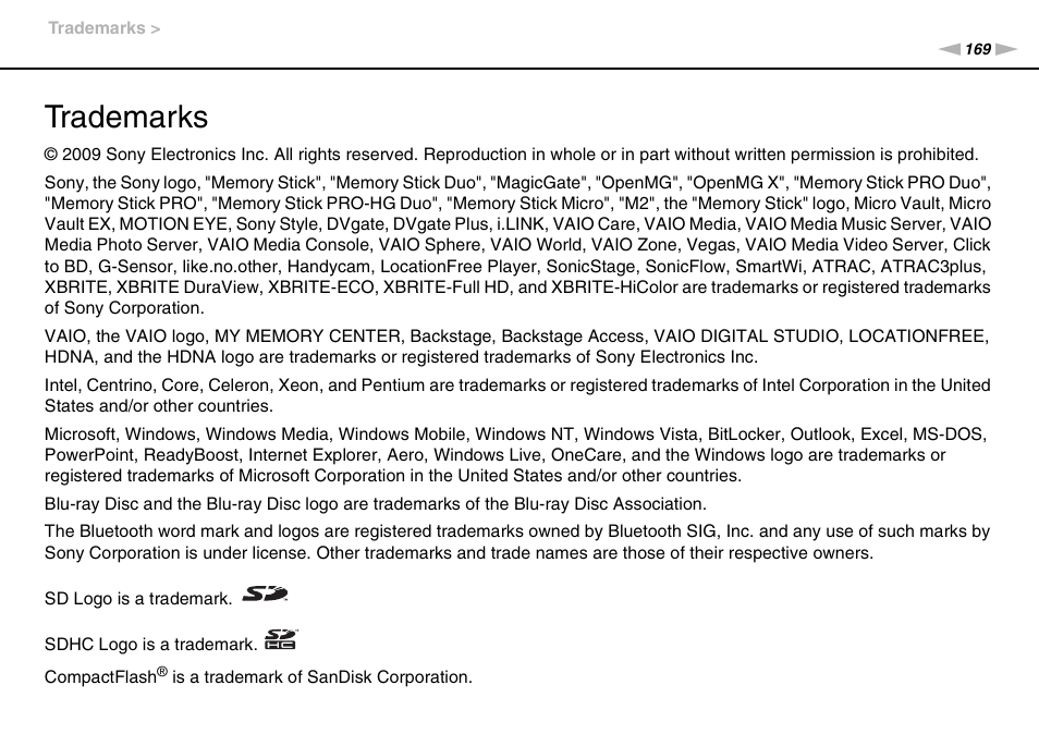 Trademarks | Sony VGN-AW450F User Manual | Page 169 / 172