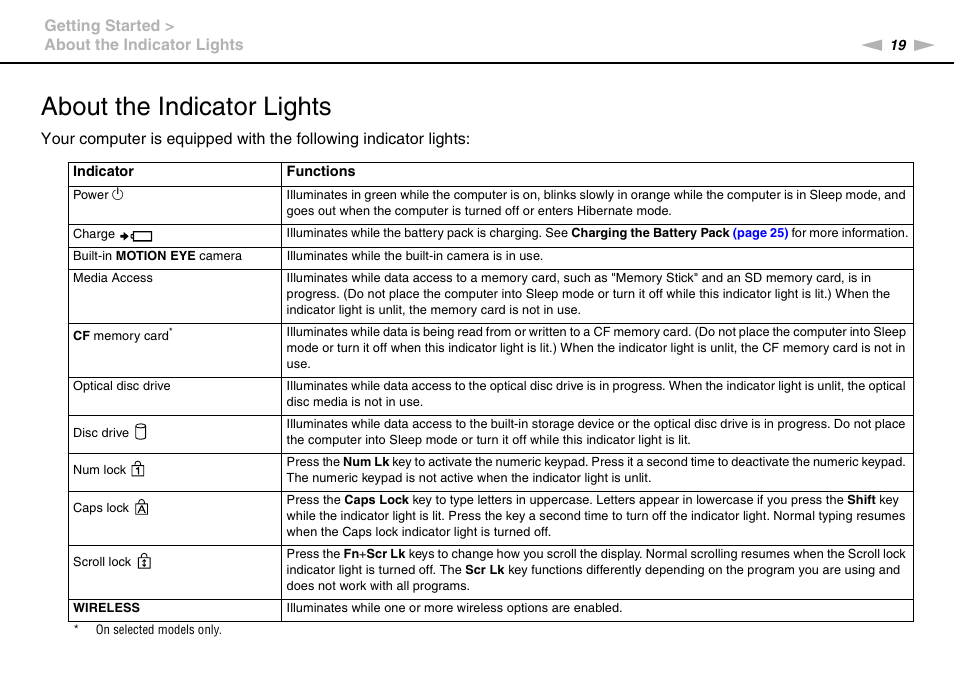 About the indicator lights | Sony VGN-AW450F User Manual | Page 19 / 172