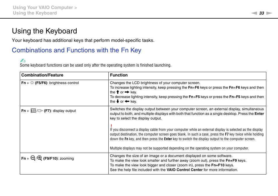 Using the keyboard, Combinations and functions with the fn key | Sony VGN-AW450F User Manual | Page 33 / 172