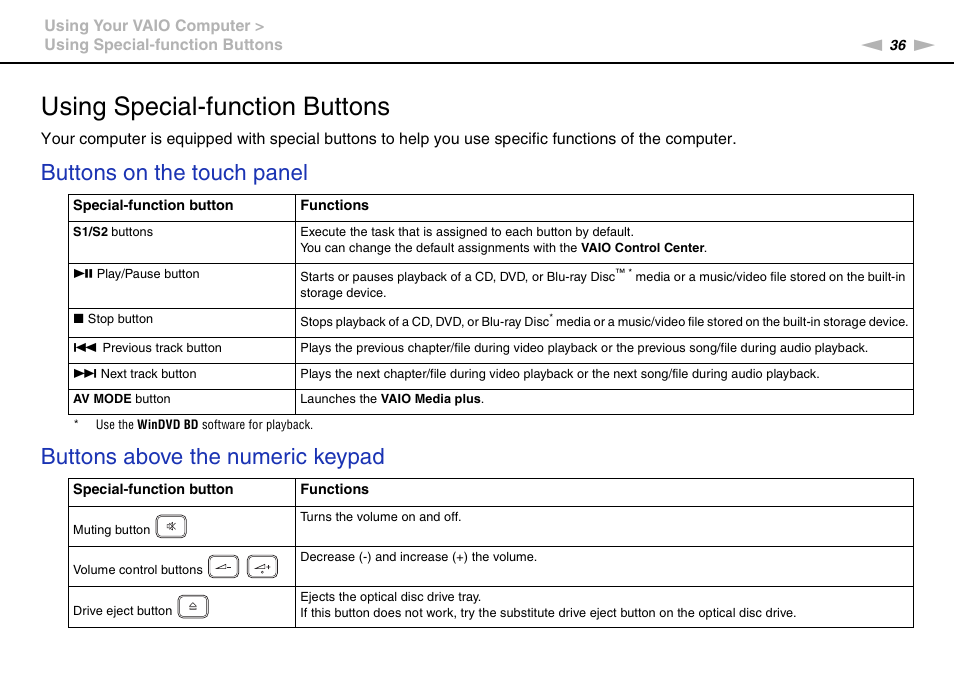 Using special-function buttons | Sony VGN-AW450F User Manual | Page 36 / 172