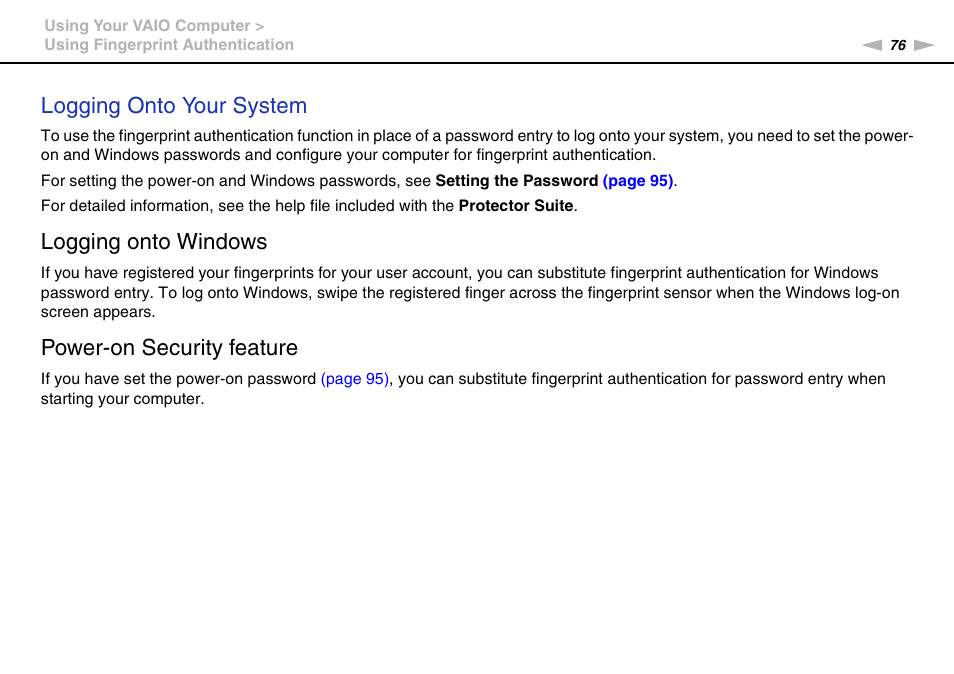 Logging onto your system, Logging onto windows, Power-on security feature | Sony VGN-AW450F User Manual | Page 76 / 172