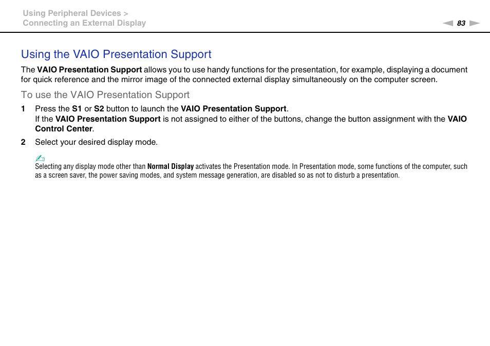 Using the vaio presentation support | Sony VGN-AW450F User Manual | Page 83 / 172