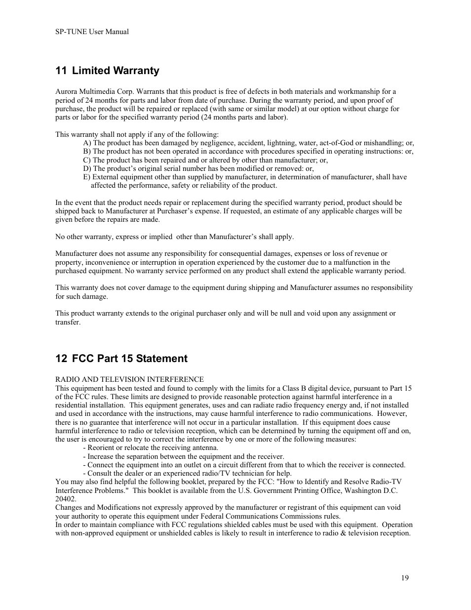 11 limited warranty, 12 fcc part 15 statement | Sony EBS-SP10 User Manual | Page 20 / 20